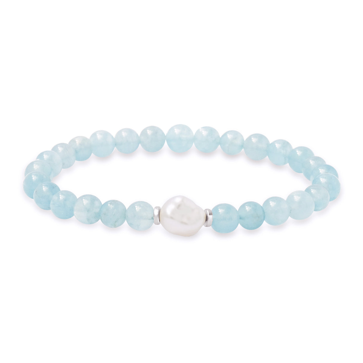 A bracelet with smooth aquamarine beads and a single white South Sea keshi pearl, with a 925 sterling silver round spacer.