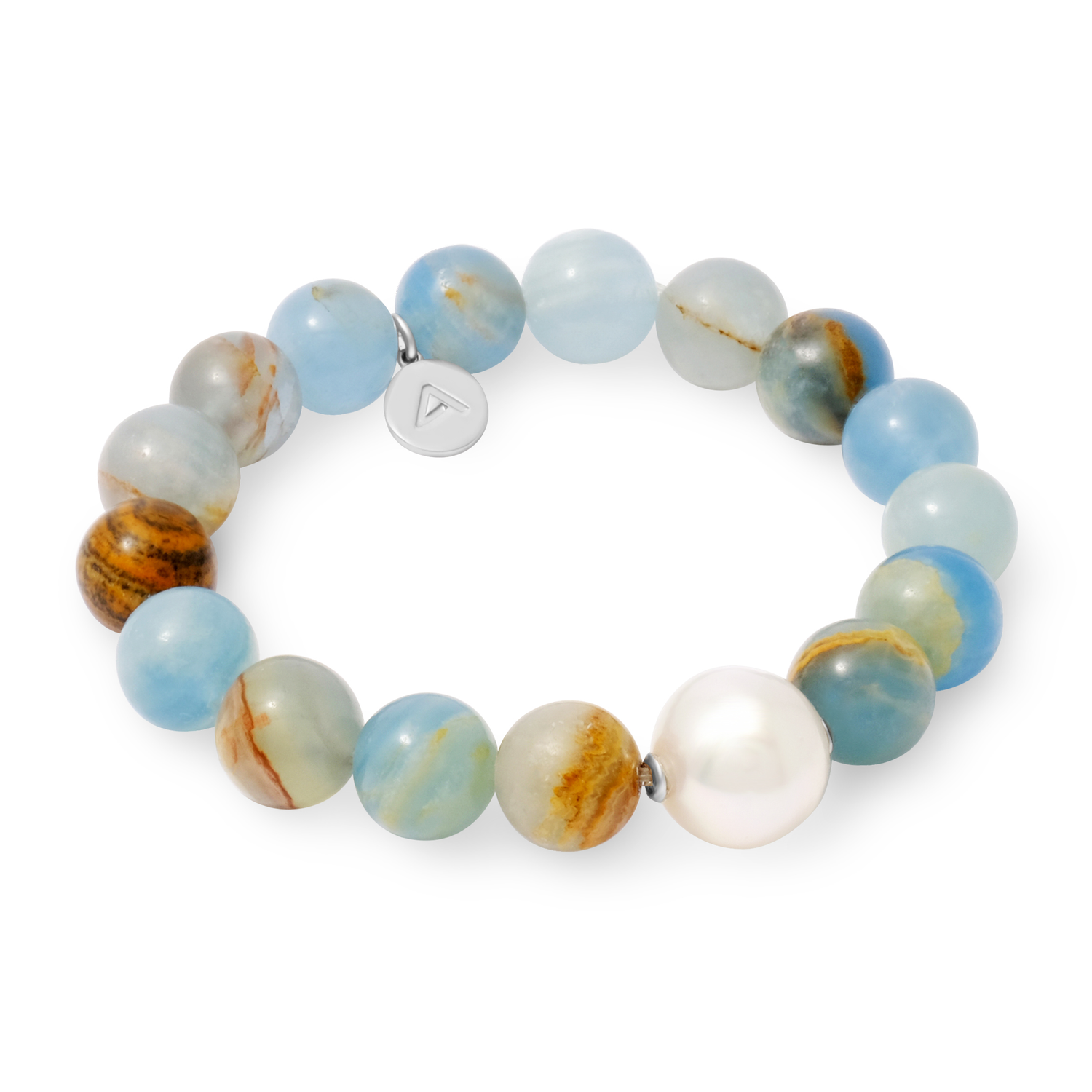 Beaded bracelet with blue and orange beads and a white pearl on a white background