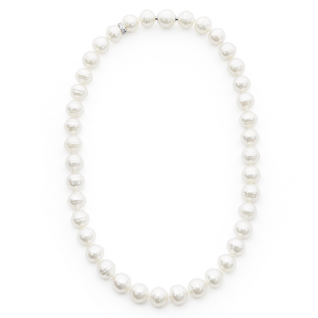 Circle South Sea pearl strand with 40 white pearls (10.8 x 10mm), hand-selected for size, shape, lustre, and colour. This 42cm strand is finished with a 925 silver Nittle clasp and rondel, showcasing the natural beauty of sustainably sourced pearls from Atlas Pearls.