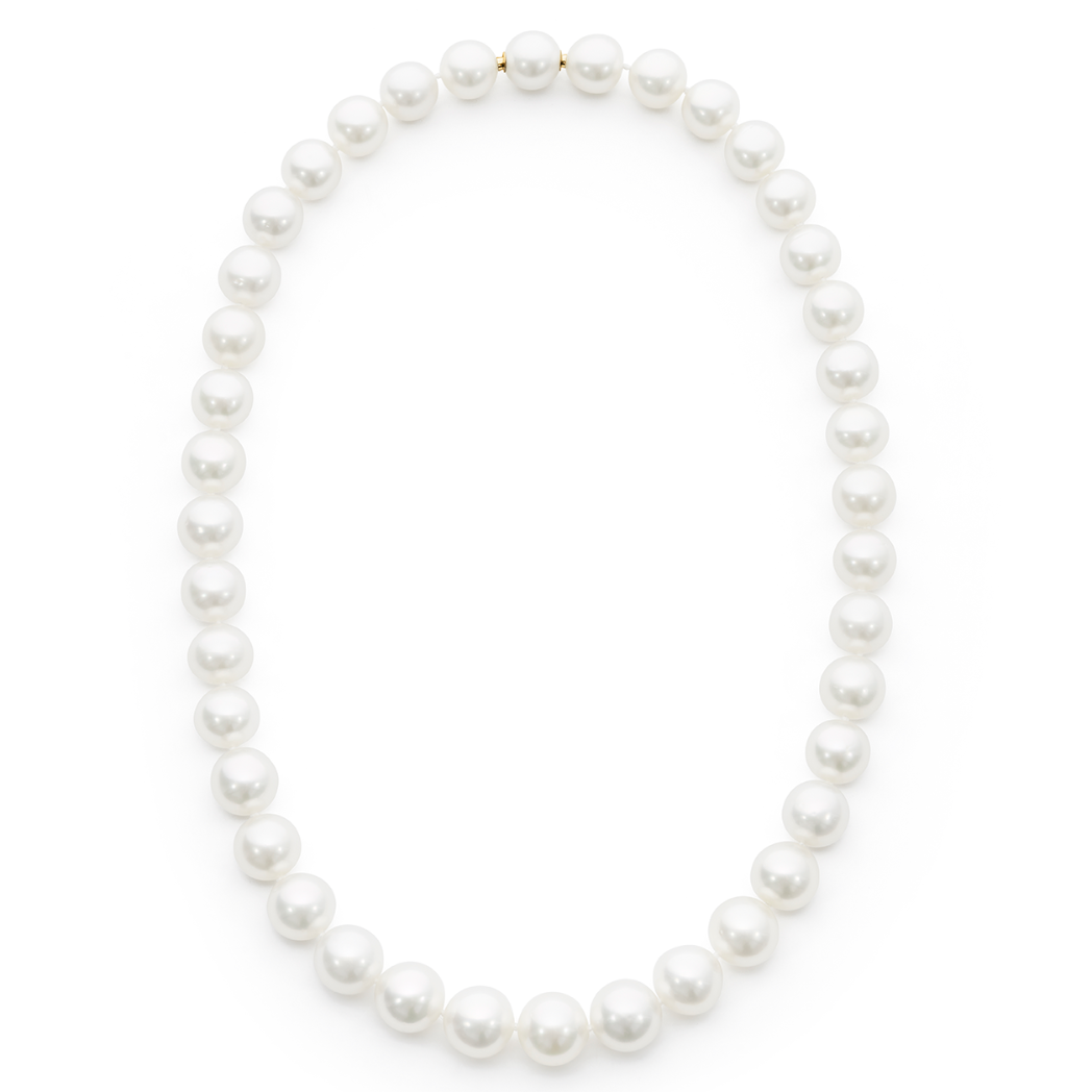 A white South Sea pearl strand necklace with an 18K yellow gold clasp, displayed against a white background.