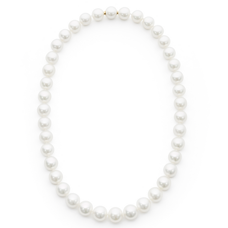 A white South Sea pearl strand necklace with an 18K yellow gold clasp, displayed against a white background.