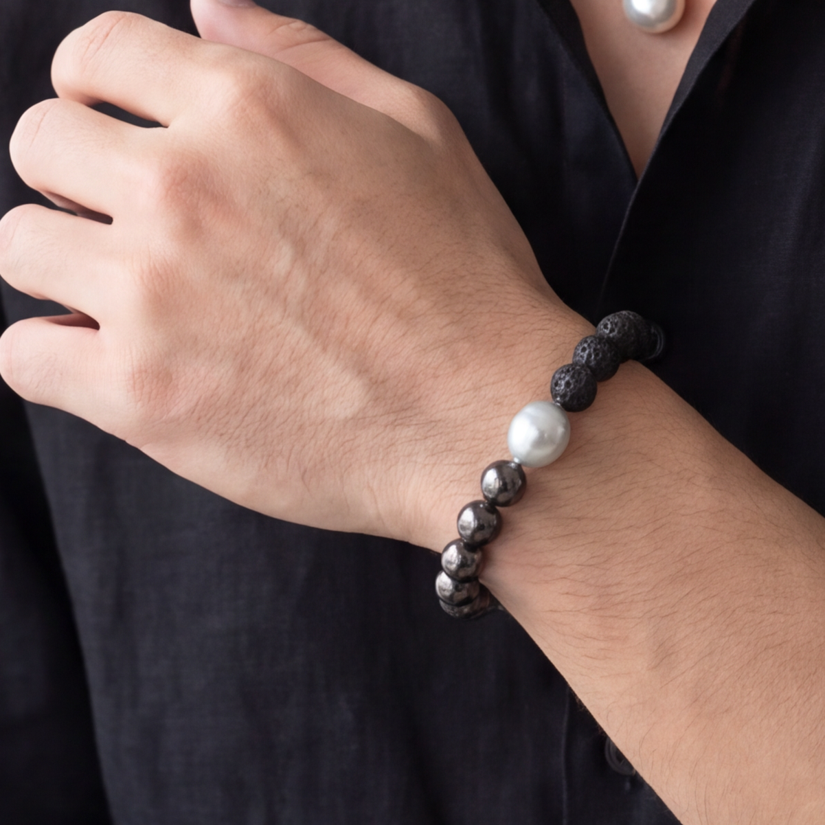 Hematite Grey and Black Volcanic Beaded Bracelet 9K WG