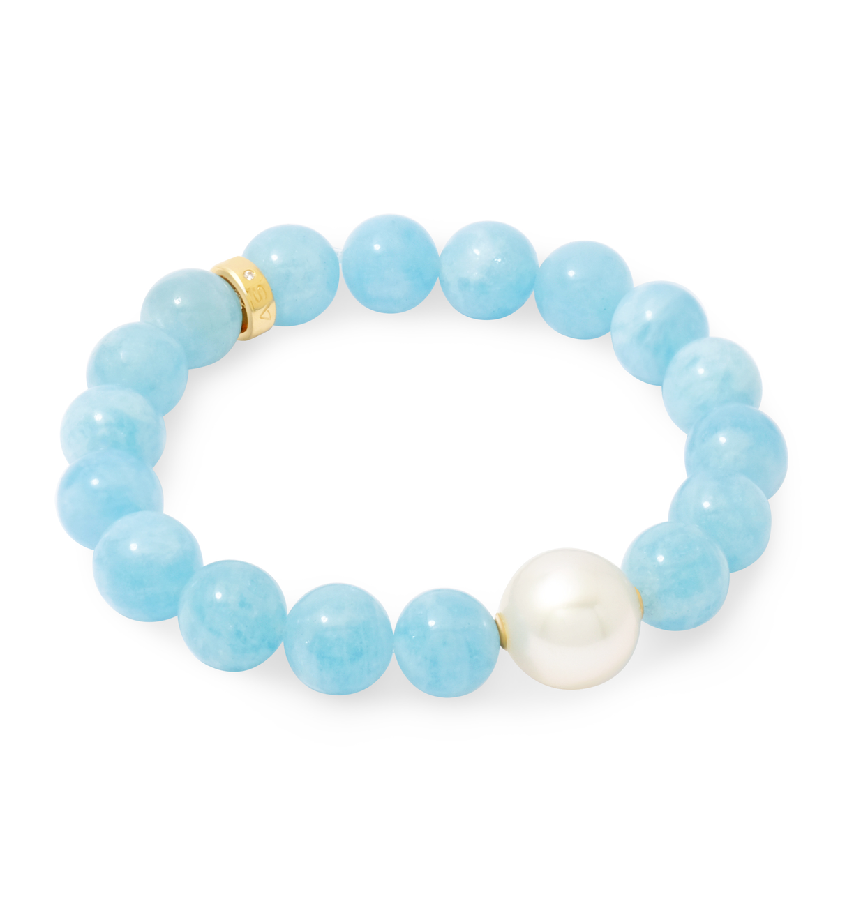 Blue beaded bracelet with a gold accent and a white pearl on a white background