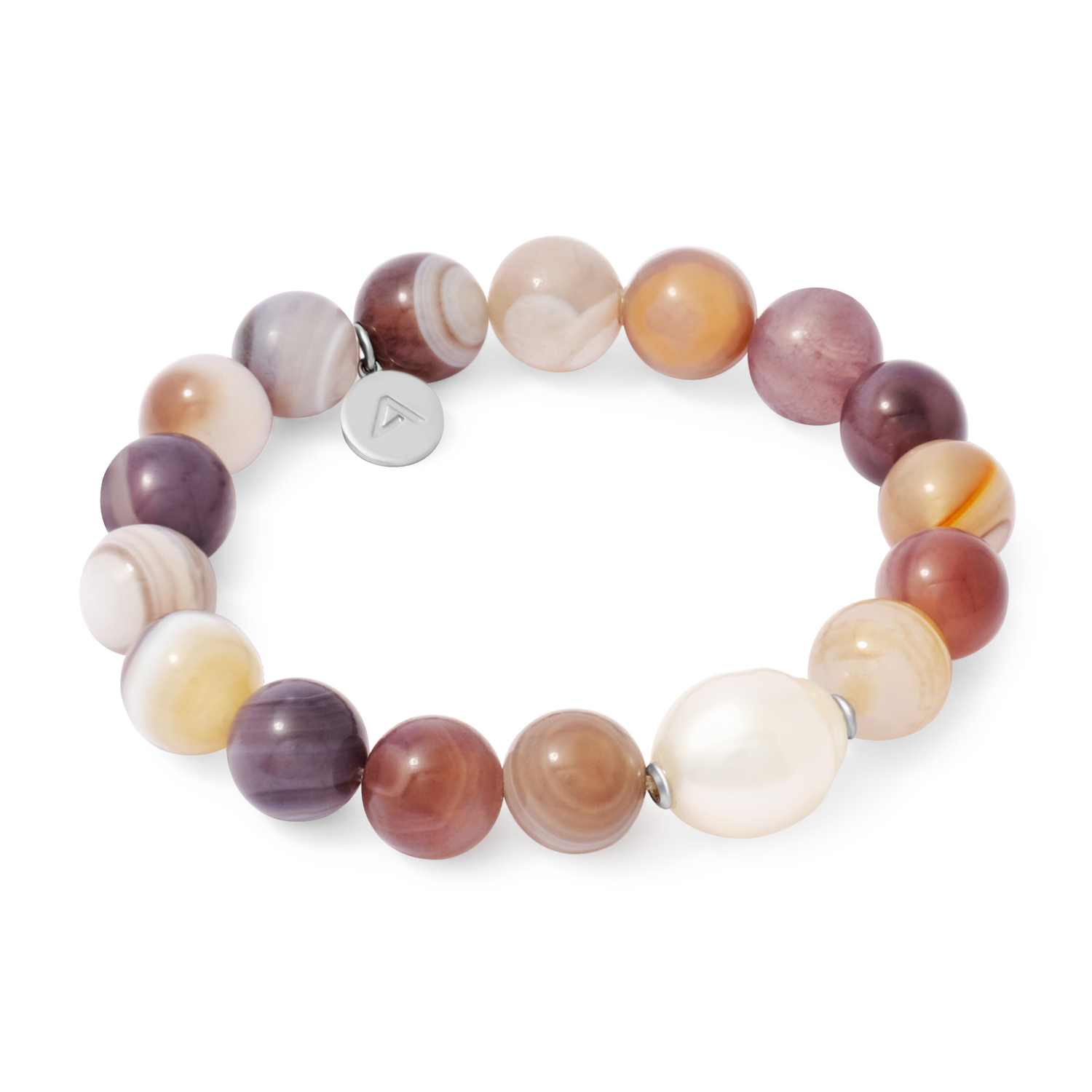 Purple Multicoloured beaded bracelet on a white background whth a white pearl