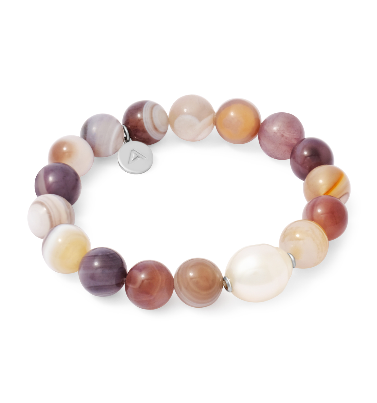 Purple Multicoloured beaded bracelet on a white background whth a white pearl