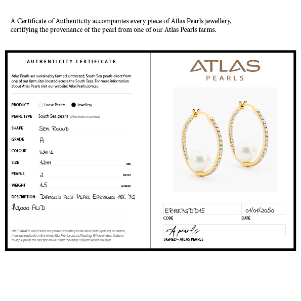 Atlas Pearls filled in authenticity certificate with pearl earrings on a white background