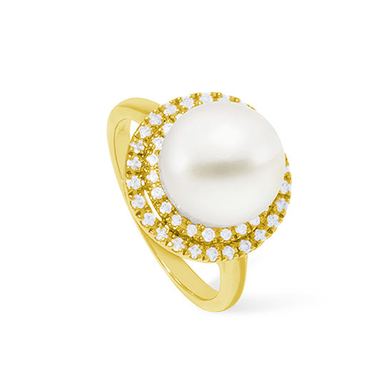 A gold ring featuring a large white pearl with a halo of smaller diamonds around it.