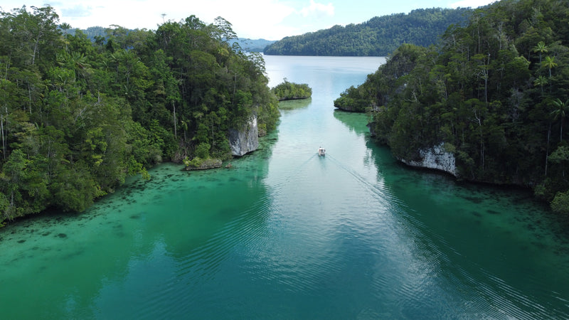 Boat travelling though blue green ocean passage between two islands