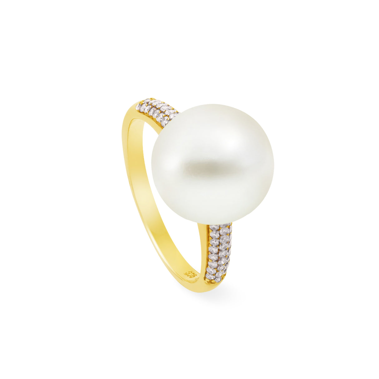 A 9K yellow gold ring with a large South Sea pearl and diamond paved shoulders.