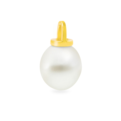 A pendant featuring a white, semi-round shaped pearl with a yellow gold cap and base.