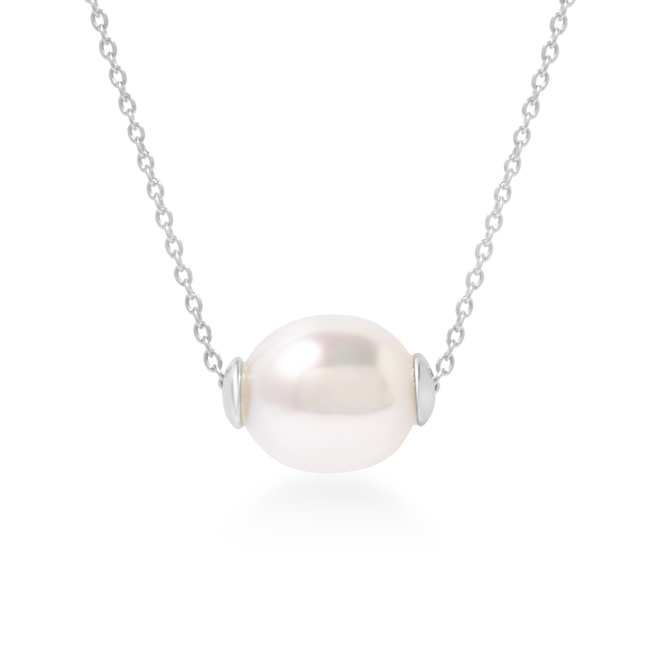Pearl necklace with silver chain on a white background