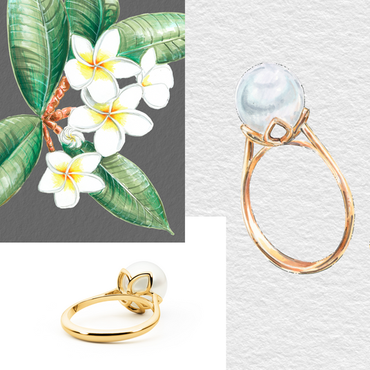 Pencil sketch and real image of frangipani ring. The pearl is held by a cup that emulates the frangipani flower.