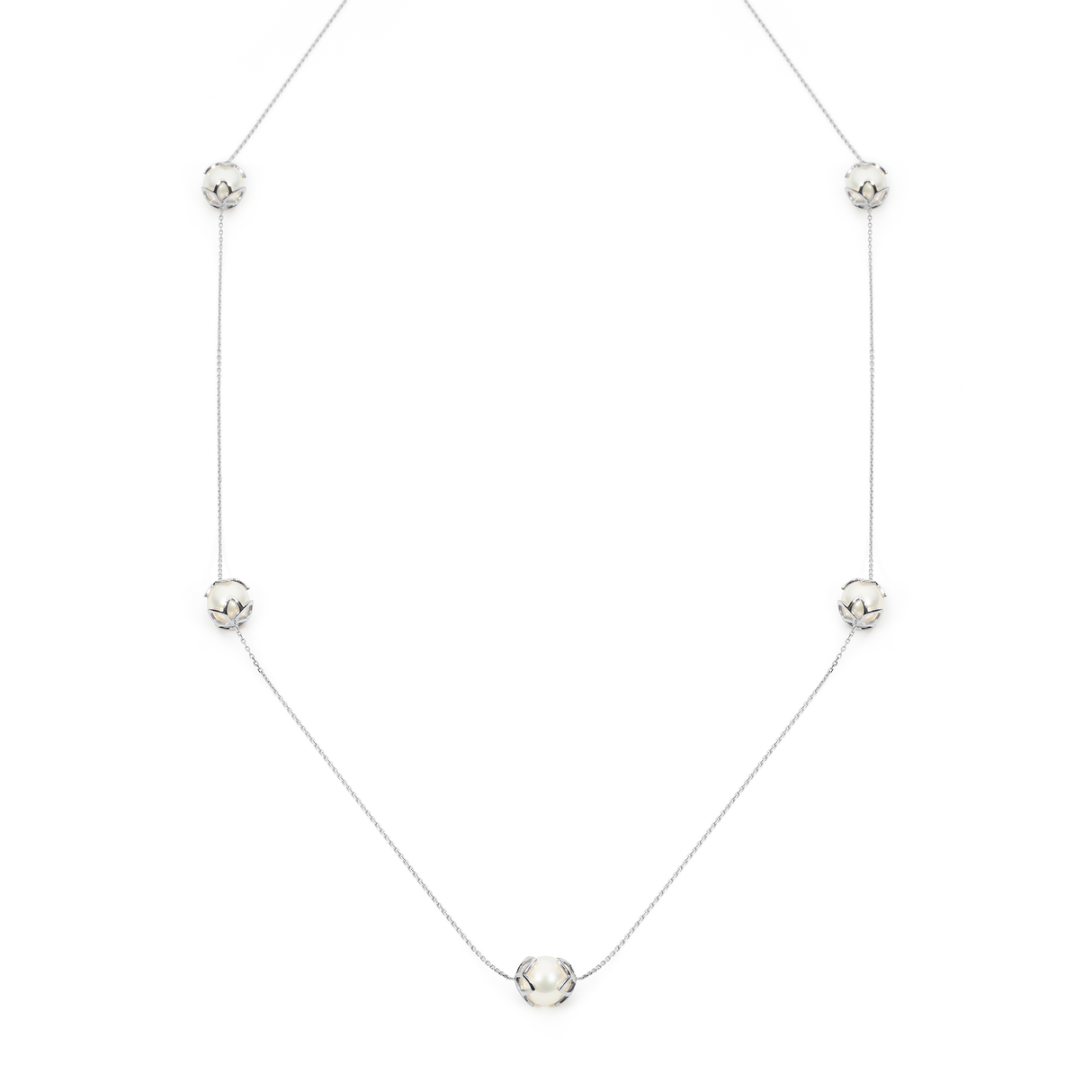 This station necklace features five 9mm semi-round South Sea pearls set in 18K white gold frangipani cups. The 90cm chain is adjustable to 80cm, offering flexibility for various looks. Perfect for adding elegance and sophistication to any ensemble.