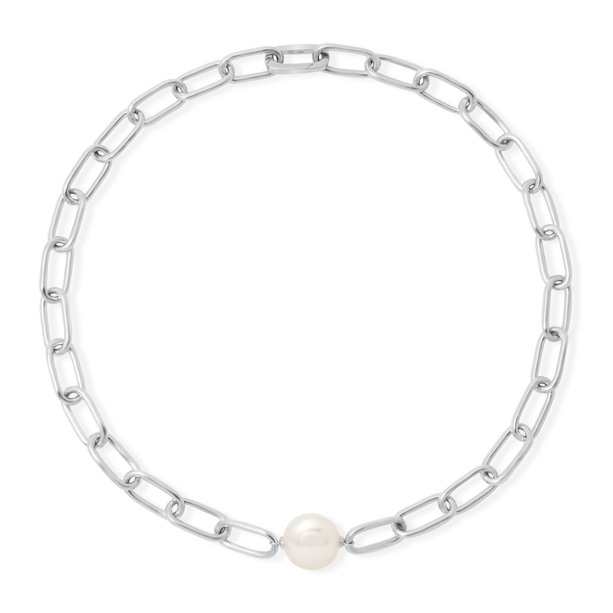 Silver chain necklace with a pearl on a white background