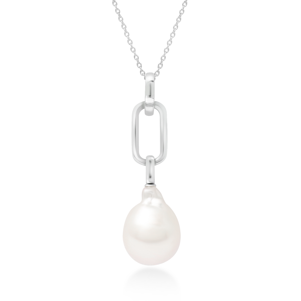 Pearl necklace with silver chain on a white background