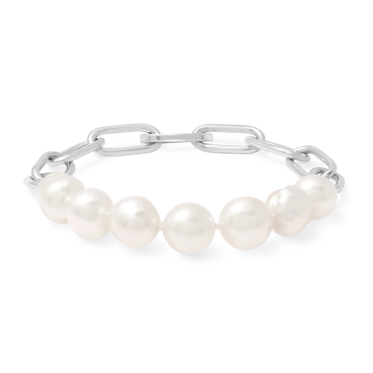 Pearl bracelet with silver chain links on a white background