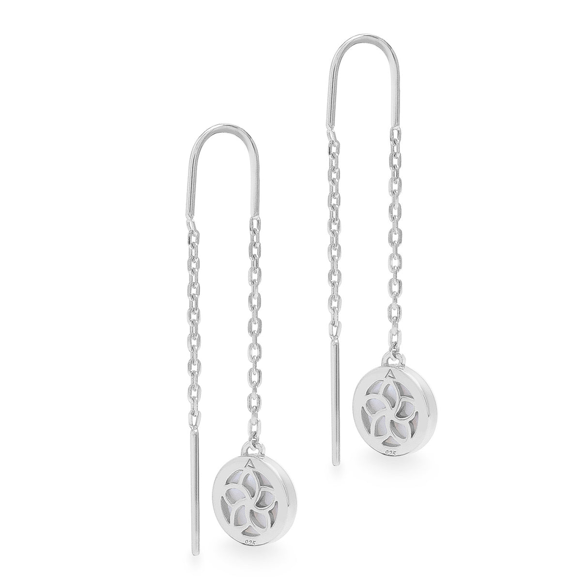A pair of silver chain earrings with round mother of pearl shell pendants.