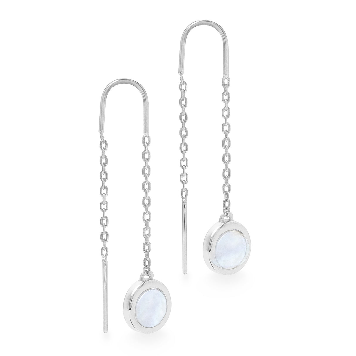 A pair of silver chain earrings with round mother of pearl shell pendants.