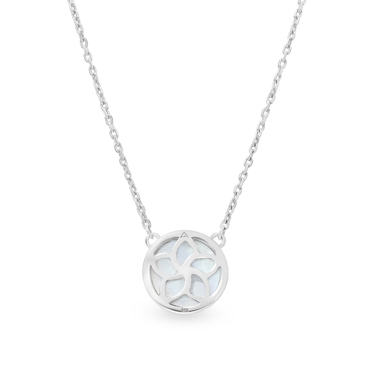 A silver necklace with a circular mother of pearl pendant, displayed against a white background.