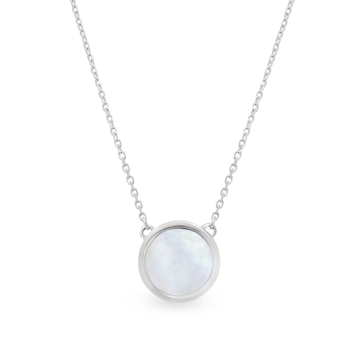 A silver necklace with a circular mother of pearl pendant, displayed against a white background.