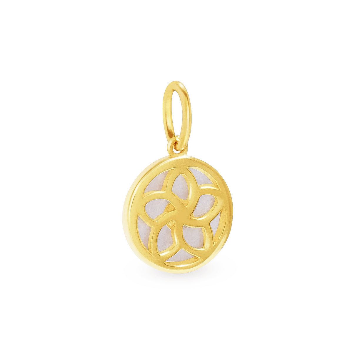 A 18K yellow gold pendant with a mother of pearl design and a small blue sapphire