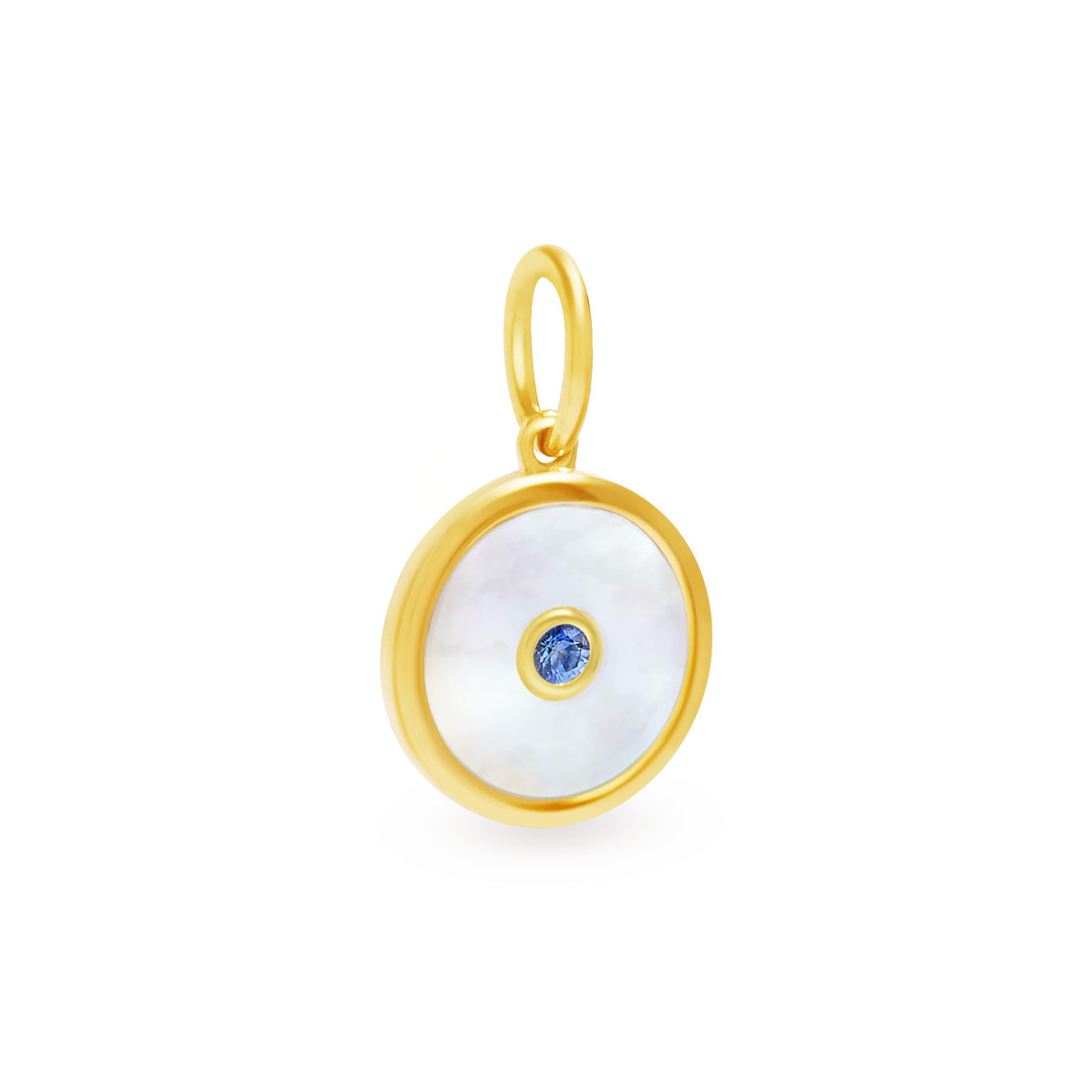 A round pendant with a yellow gold finish, featuring a mother of pearl shell in the center with a small blue sapphire embedded towards the bottom.