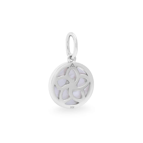 A round silver pendant with a mother of pearl shell design, suspended with a loop on one side.