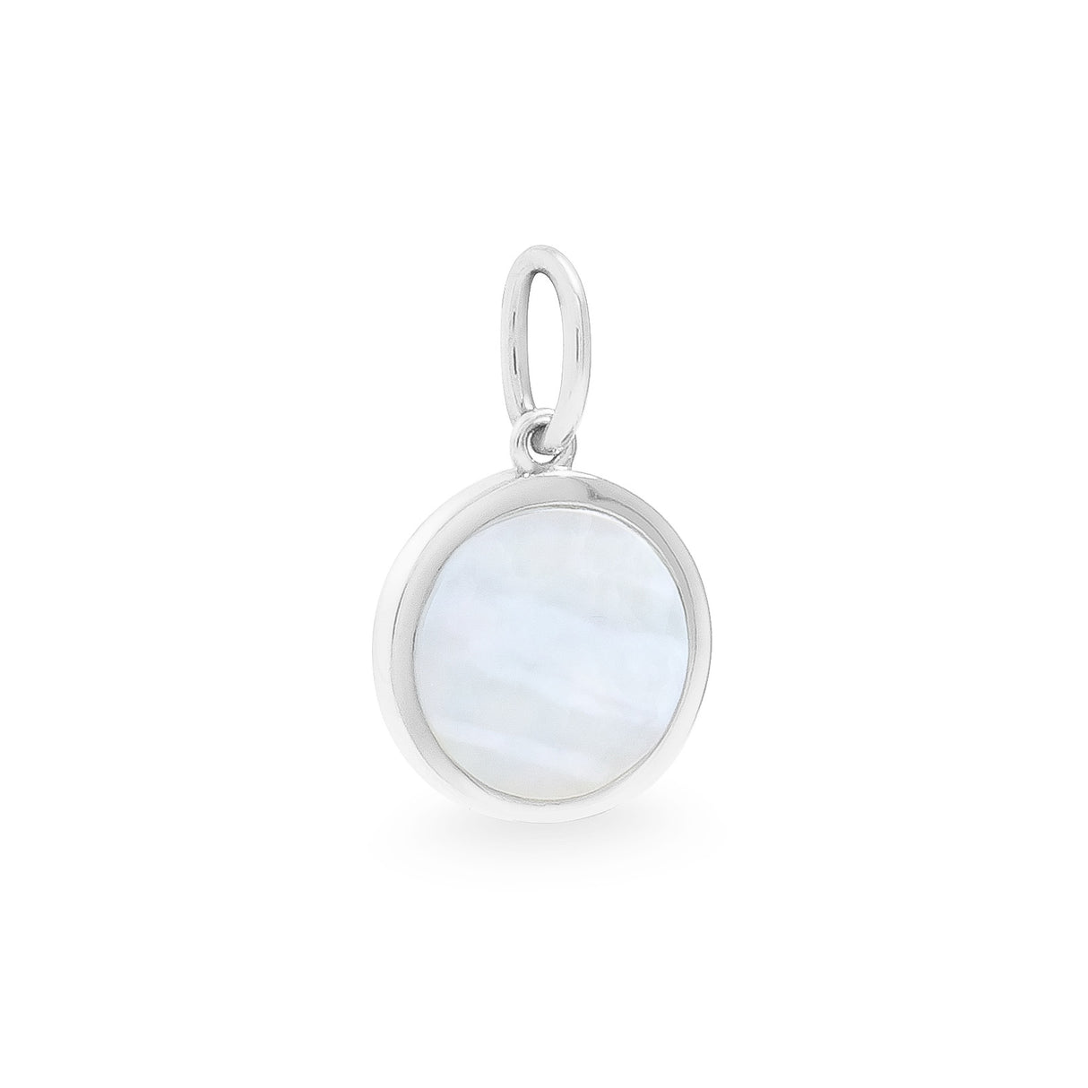 A round silver pendant with a mother of pearl shell inset, suspended from a small loop.
