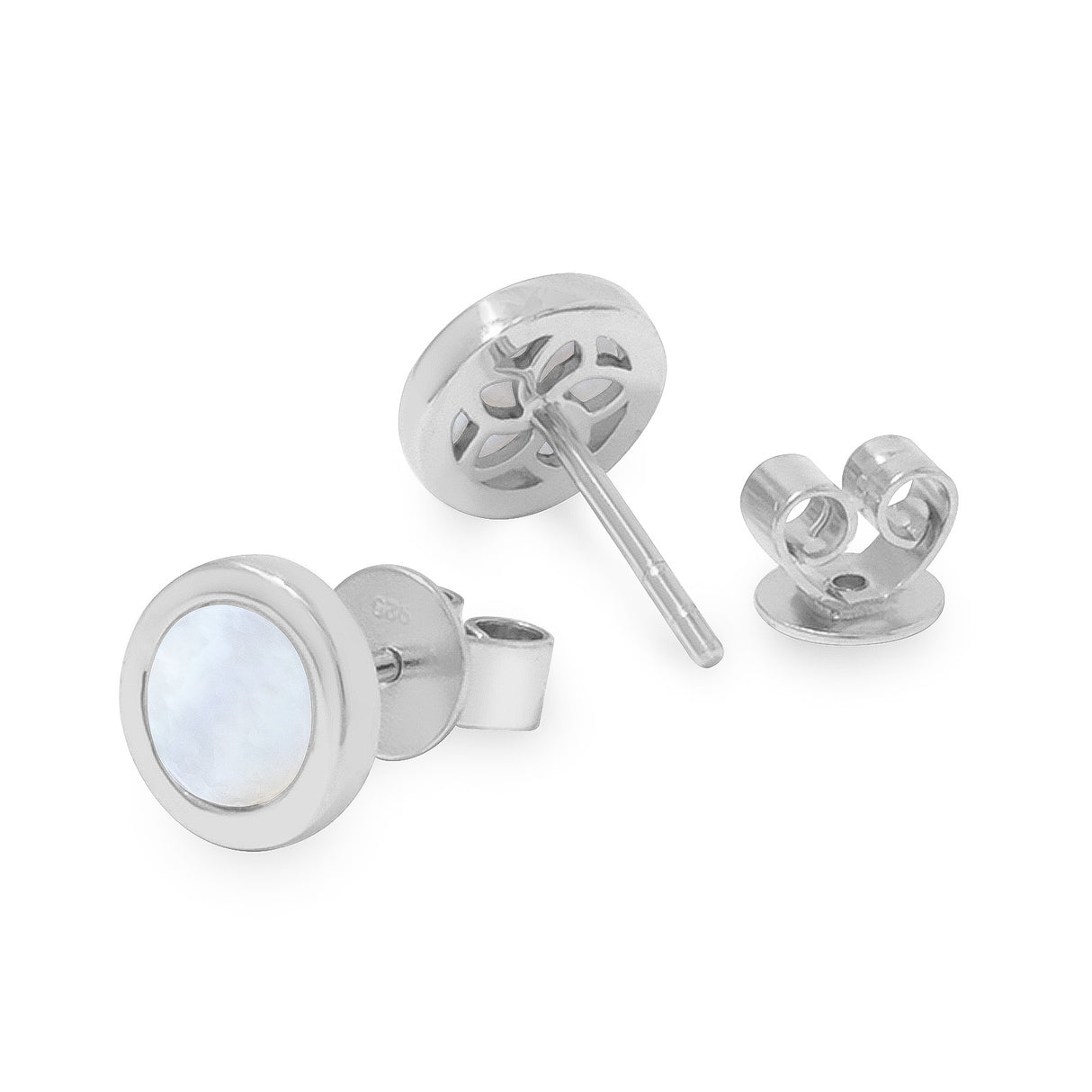 A pair of silver stud earrings with a mother of pearl shell inset, displayed alongside their matching backs.