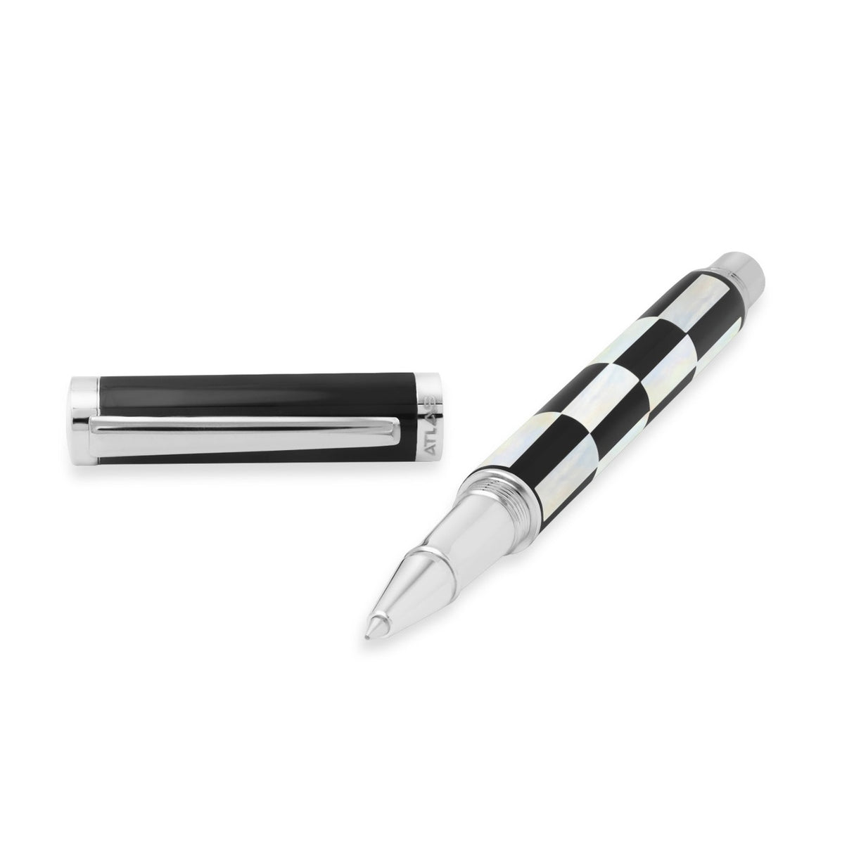 A pen with a mother of pearl finish, featuring a checkered pattern with black and white colors, accompanied by its cap.