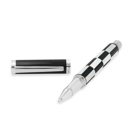 A pen with a mother of pearl finish, featuring a checkered pattern with black and white colors, accompanied by its cap.
