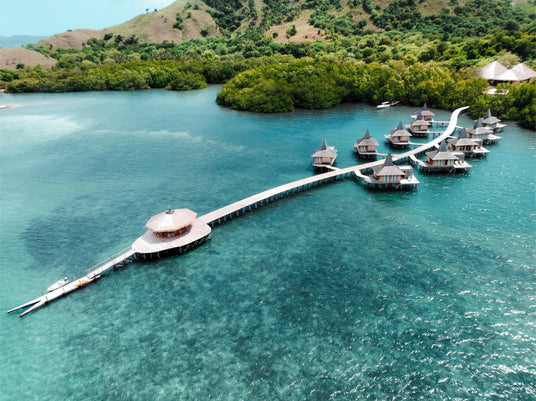 Overwater bungalows with a long dock extending into a clear blue lagoon surrounded by greenery.