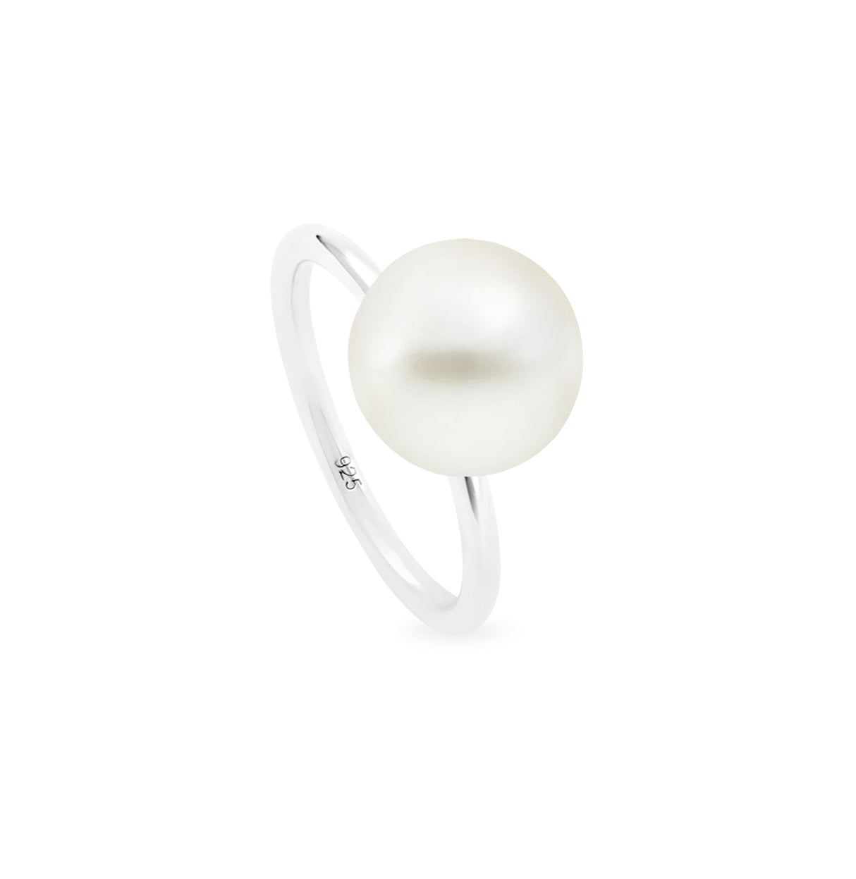 A simple Sterling Silver ring with a single South Sea white pearl centered on the top.