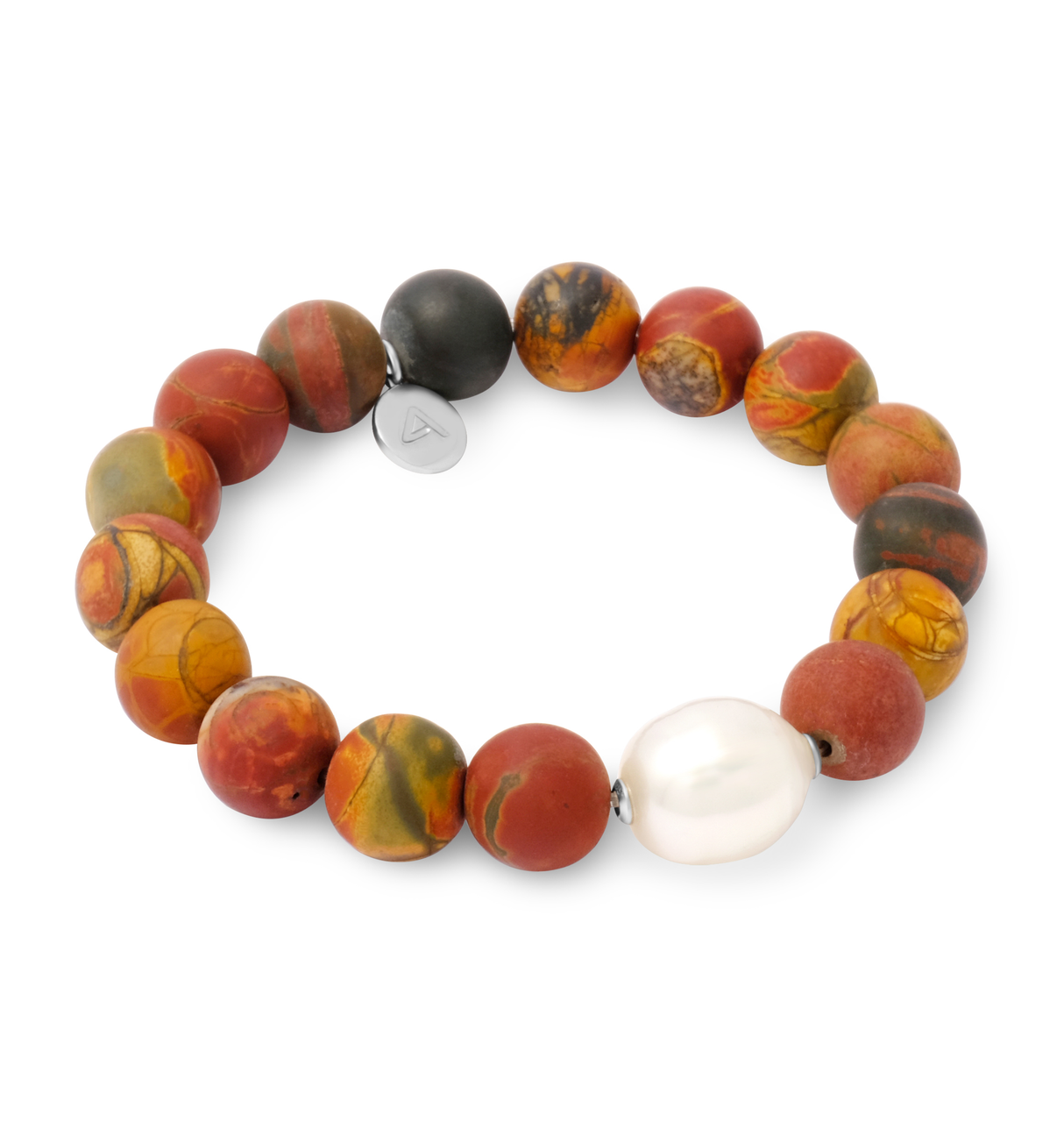 Beaded bracelet with orange red and black beads and a white pearl on a white background