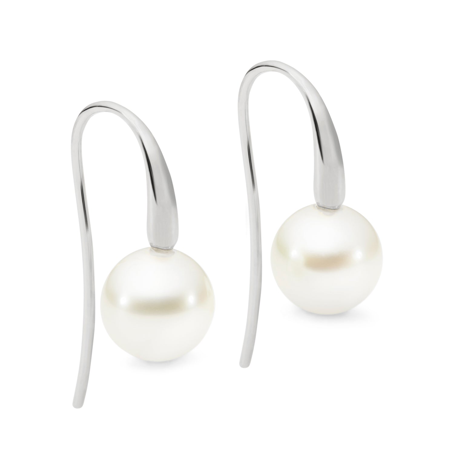 These 18K White Gold shepherd hook earrings feature 10mm NL1 South Sea pearls. The design is also available in Yellow and Rose Gold. The total height of the earrings is 22mm.
