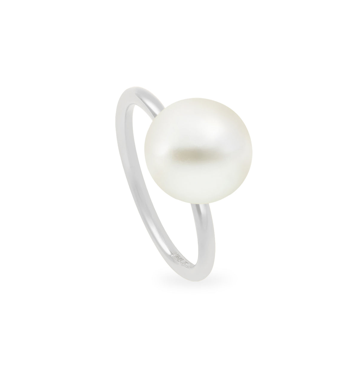 A simple 18K white gold ring with a single South Sea pearl set in a flat button shape.