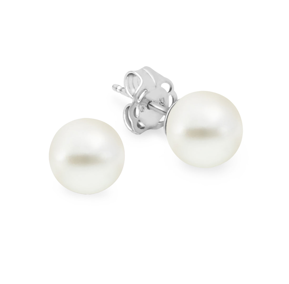 A pair of white pearl stud earrings with a 925 sterling silver finish.