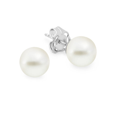 A pair of white pearl stud earrings with a 925 sterling silver finish.
