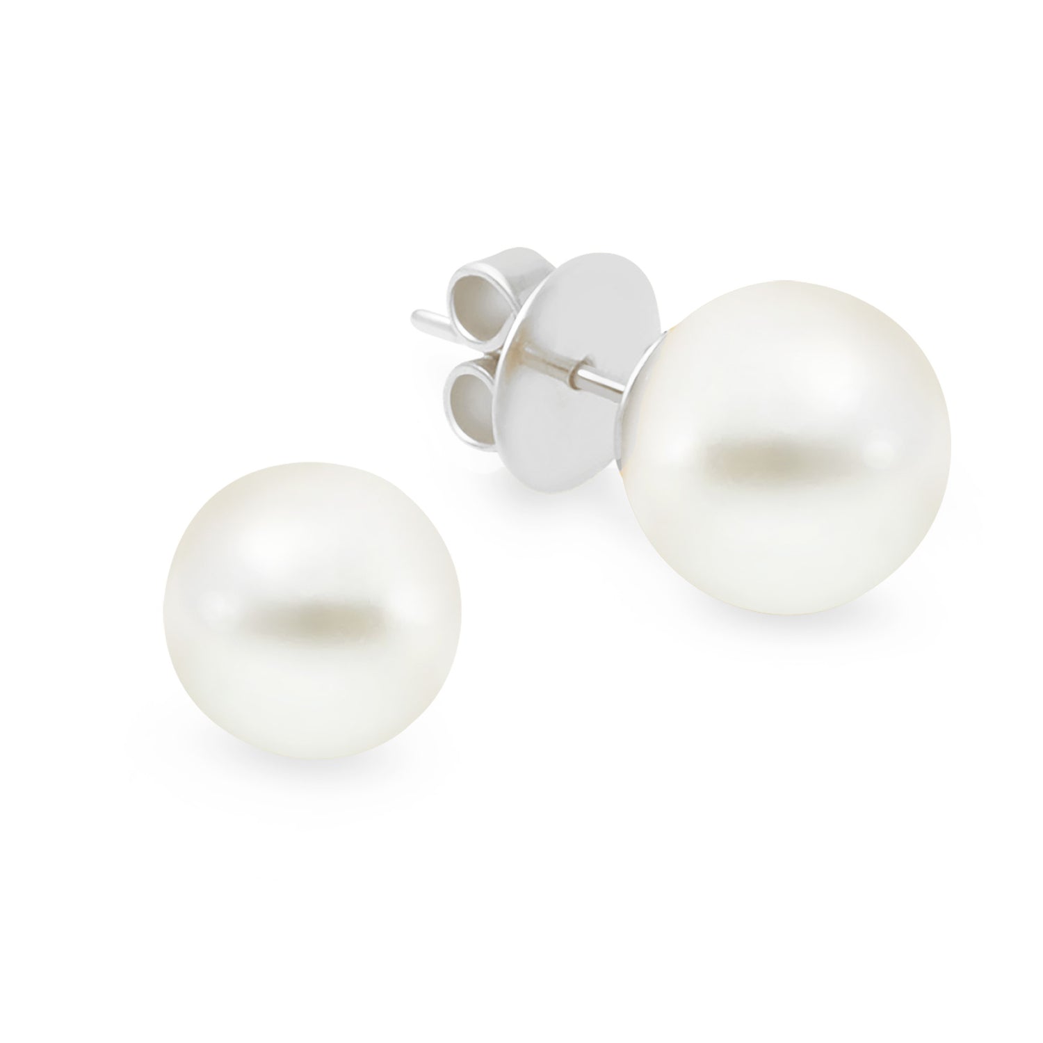 A pair of pearl stud earrings with high button shape, set in 18K white gold.