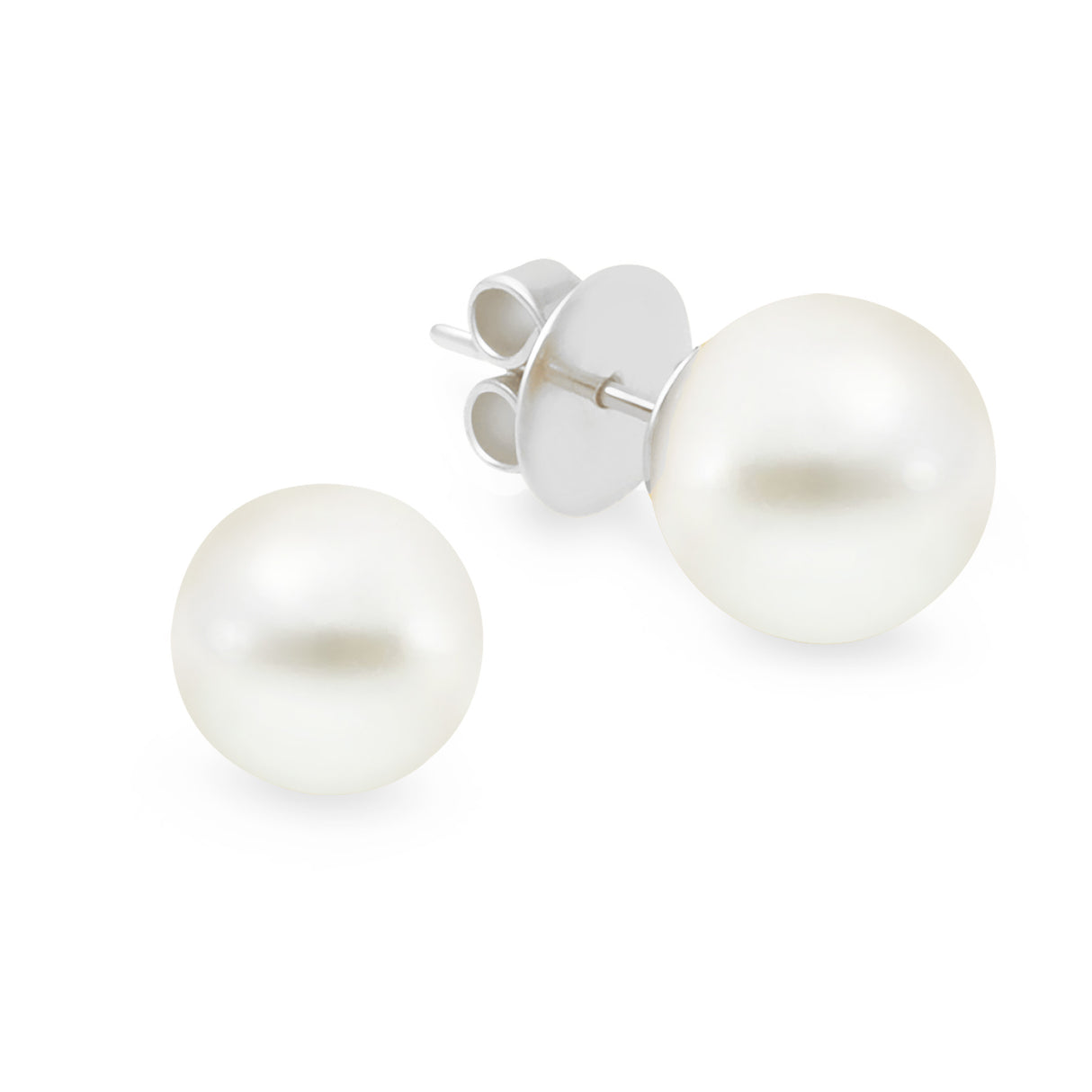 A pair of pearl stud earrings with high button shape, set in 18K white gold.
