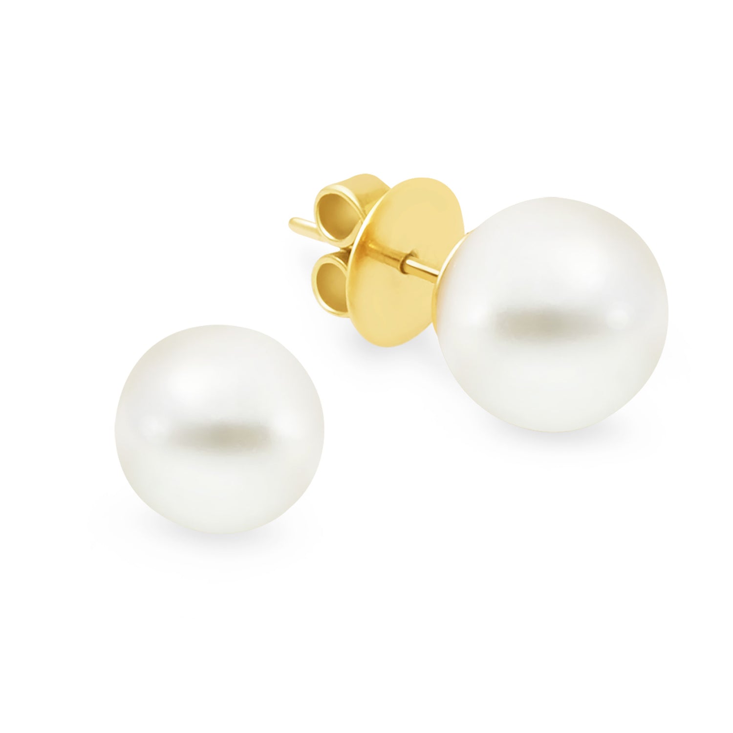 A pair of pearl studs with high button shape, set in 18K yellow gold as seen from a side angle against a white background.