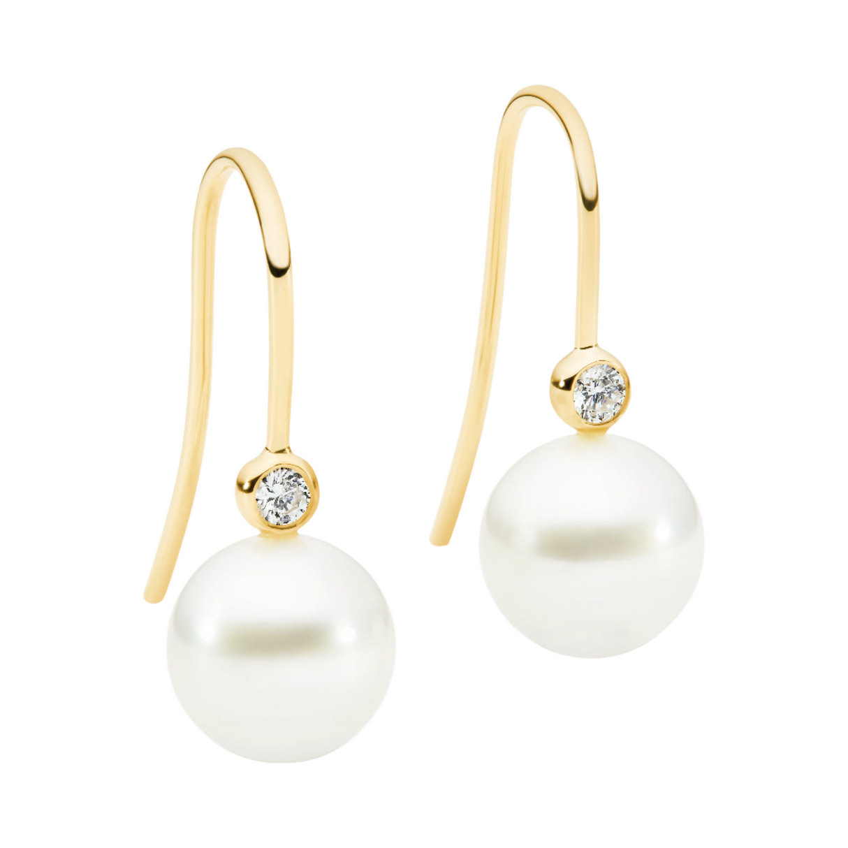These classic 18K Yellow Gold earrings feature 9mm South Sea pearls with bezel-set diamonds totaling 0.13ct. The total height of the earrings is 25mm, and they are available in 18K White, Yellow, and Rose Gold.