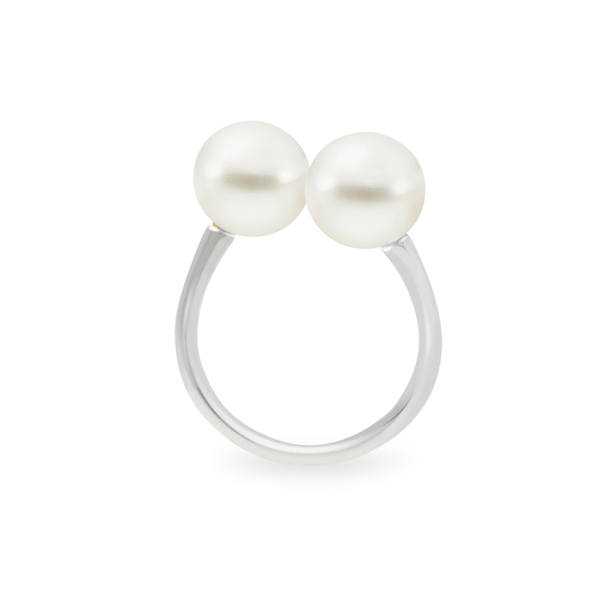 An 18K white gold ring with two white South Sea pearls set parallel to each other on the top.
