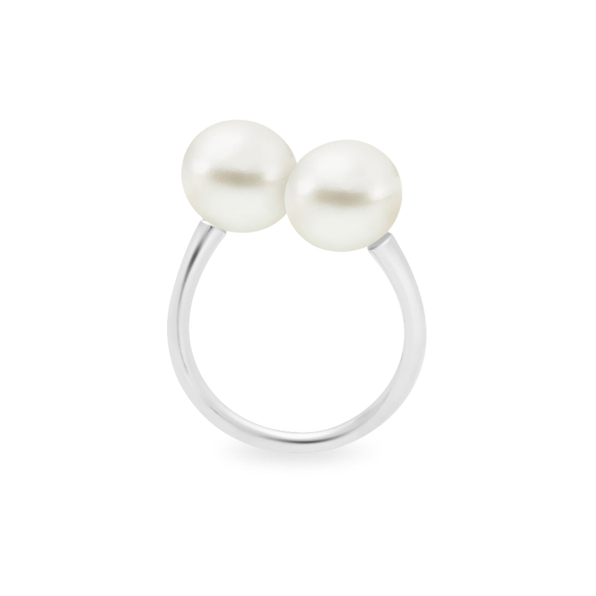 A twin pearl ring with a transverse layout setting, featuring two round white South Sea pearls on a silver band.