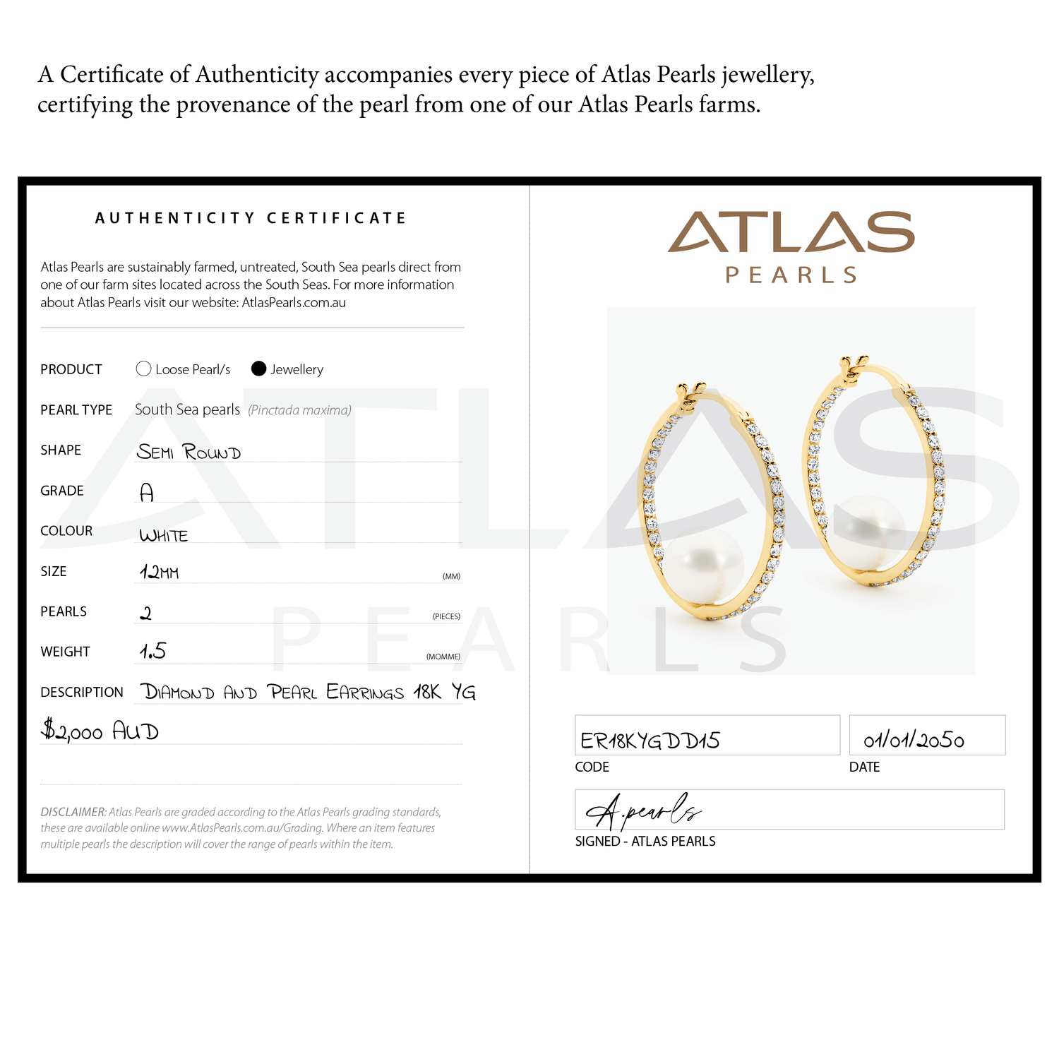 Atlas Pearls authenticity certificate with hoop earrings on a white background