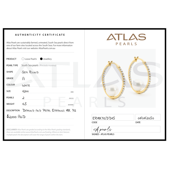Atlas Pearls earring packaging with product details and authenticity certificate.