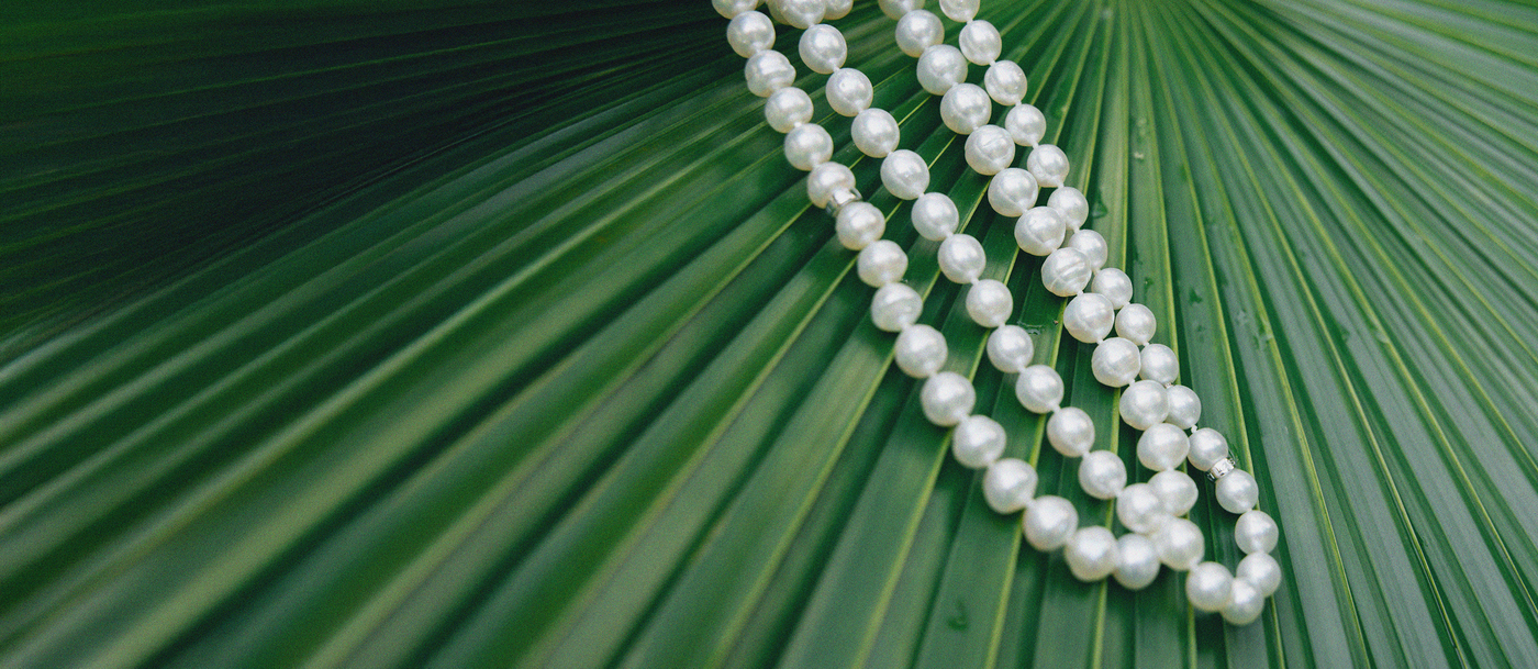 Pearl necklace on a green palm leaf