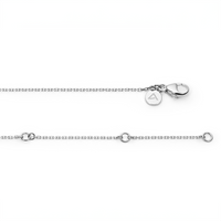 A 50cm diamond cut cable chain necklace in 18K white gold with an adjustable length, displayed on a white background.