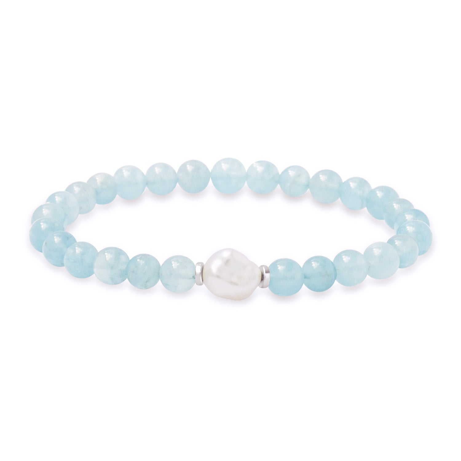 A bracelet with smooth aquamarine beads and a single white South Sea keshi pearl, with a 925 sterling silver round spacer.