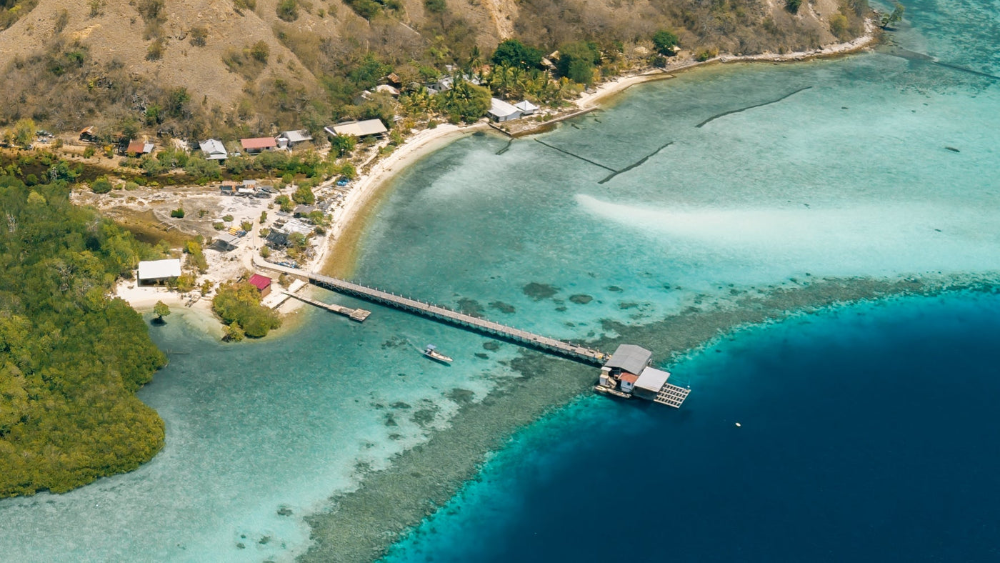 Aerial view of a tropical island with a dock extending into clear blue water.